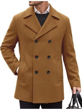 Men's Light Brown Double Breasted Notched Collar Overcoat Short Trench Coat